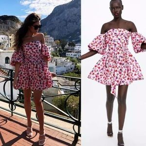 Zara floral puff sleeve mini dress with belt